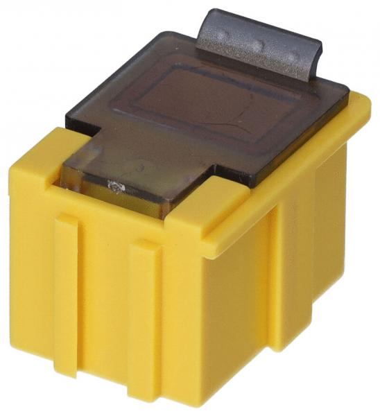 Das Bild zeigt einen gelben Kunststoffstecker mit einem transparenten oberen Teil und einer Metallklammer. Der Stecker hat gerade Kanten und vertikale Rillen an den Seiten.
