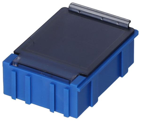 Das Bild zeigt eine rechteckige, blaue Box mit einem flachen, transparenten Deckel. Die Box hat eine strukturierte Oberfläche und ist stabil gebaut. Der Deckel ist schwenkbar.
