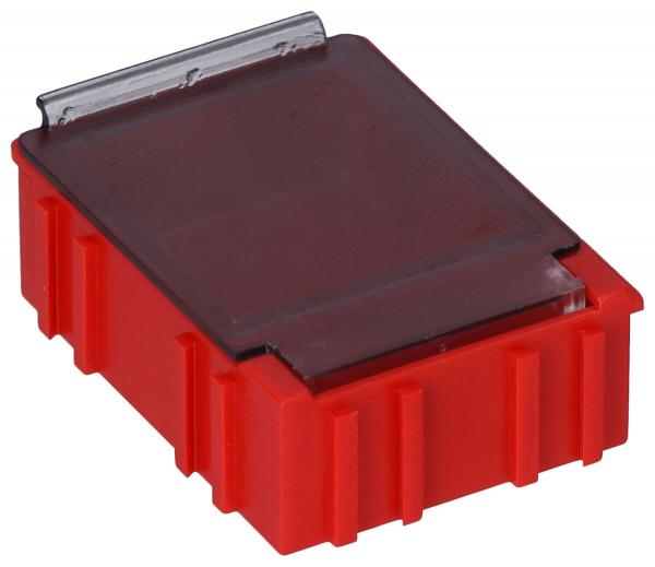 Das Bild zeigt eine rechteckige, rotfarbige Box mit einem transparenten Deckel. Die Box hat seitliche Rillen und wirkt stabil, ideal für die Aufbewahrung kleinerer Gegenstände.