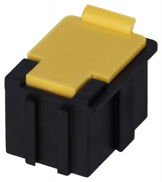 The image shows a small electric plug that is primarily black with a yellow top. It has a rectangular shape with a flat cover and a recess for plugging in.