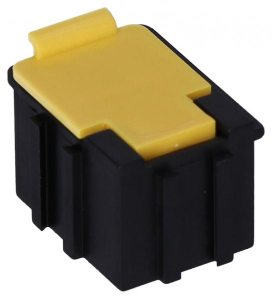 The image shows a small, rectangular plug with a yellow top and black sides. The top has a protruding lip and the sides are ribbed.