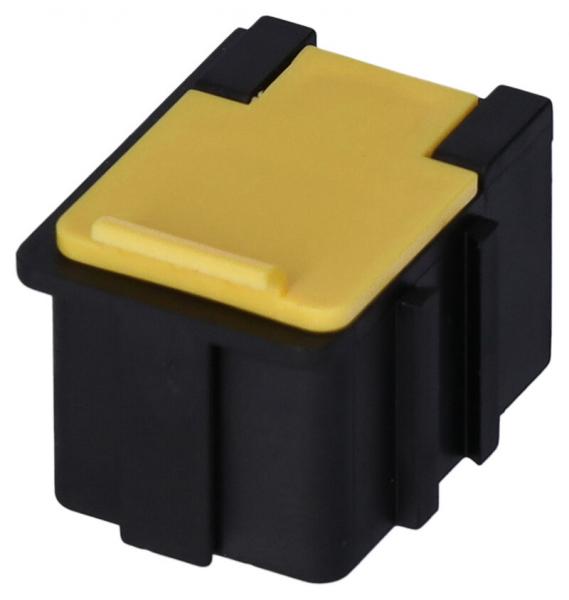 The image shows a small type of electrical connector. It has a black casing and a yellow top with a flat tab. The shape is compact and square.