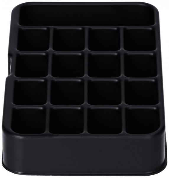 Das Bild zeigt eine schwarze, rechteckige Box mit 16 gleichmäßig angeordneten Fächern. Die Fächer sind quadratisch und gleich groß, ideal für die Aufbewahrung von kleinen Gegenständen.