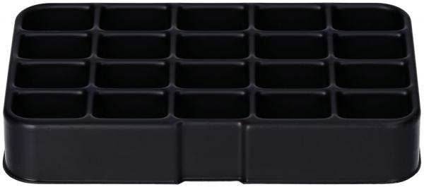 Das Bild zeigt ein rechteckiges, schwarzes Behältnis mit 20 kleinen Fächern, die gleichmäßig angeordnet sind. Die Fächer sind quadratisch und kompakt.