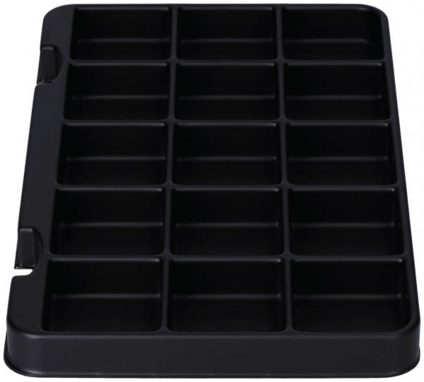 Das Bild zeigt ein flaches, schwarzes Kunststofftablett mit 20 gleichmäßig verteilten Fächern, ideal für die Aufbewahrung von kleinen Gegenständen oder Bastelmaterialien.
