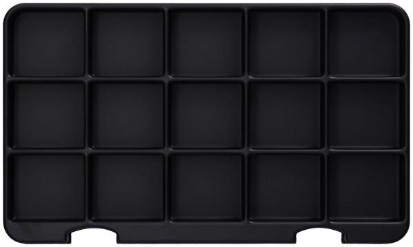 Das Bild zeigt ein schwarzes Tablett mit 16 gleichmäßigen, quadratischen Fächern. Es hat eine flache, rechteckige Form und ist ohne Verzierung oder Muster.