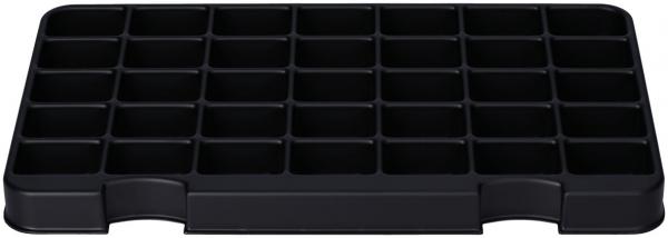 Das Bild zeigt eine schwarze Ablage mit 24 gleichmäßigen Fächern. Die Fächer sind in vier Reihen und sechs Spalten angeordnet, ideal zum Organisieren und Sortieren von kleinen Gegenständen.