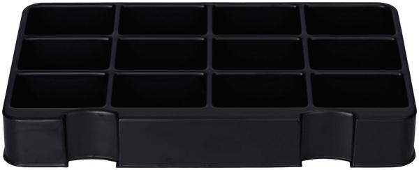 Das Bild zeigt einen rechteckigen Behälter in Schwarz mit zwölf Fächern. Die Fächer sind gleichmäßig angeordnet und bieten Platz für kleinere Gegenstände. Der Behälter hat abgerundete Ecken.