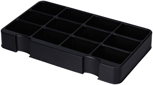 Das Bild zeigt einen schwarzen Organizer mit 12 Fächern. Die Fächer sind gleichmäßig angeordnet und bieten Platz für die Aufbewahrung kleiner Gegenstände. Die Oberfläche ist glatt.
