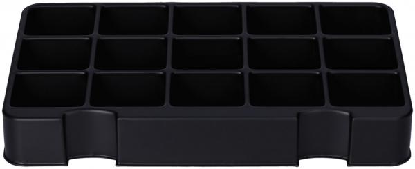 Das Bild zeigt eine schwarze Aufbewahrungsbox mit 16 Fächern in einem quadratischen Format. Die Fächer sind gleichmäßig angeordnet und haben abgerundete Kanten.
