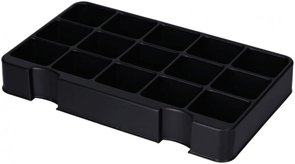Das Bild zeigt einen rechteckigen, schwarzen Organizer mit 16 Fächern. Die Fächer sind in einem 4x4-Raster angeordnet, ideal für die Aufbewahrung kleiner Gegenstände.