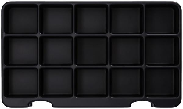 Das Bild zeigt ein schlichtes, schwarzes Tablett mit 15 rechteckigen Fächern, die gleichmäßig angeordnet sind. Es hat abgerundete Ecken und eine flache Oberfläche.