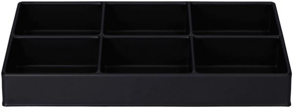 Das Bild zeigt eine rechteckige, schwarze Aufbewahrungsbox mit sechs gleich großen Fächern. Die Box hat hohe Wände und ist flach, ideal zum Sortieren von Gegenständen.
