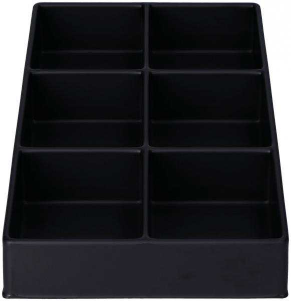 Das Bild zeigt eine schwarze Organizer-Box mit acht rechteckigen Fächern. Die Fächer sind gleichmäßig angeordnet, ideal zur Aufbewahrung von kleinen Gegenständen.