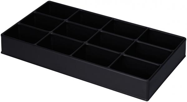 Das Bild zeigt ein rechteckiges, schwarzes Ablagesystem mit 12 gleich großen Fächern. Es hat glatte Wände und eine flache Basis, ideal zur Organisation von kleinen Gegenständen.