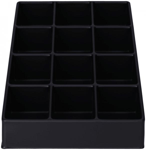 Das Bild zeigt eine schwarze, rechteckige Box mit 12 gleich großen Fächern. Die Fächer sind angeordnet in 3 Reihen und 4 Spalten, ideal für die Aufbewahrung kleiner Gegenstände.