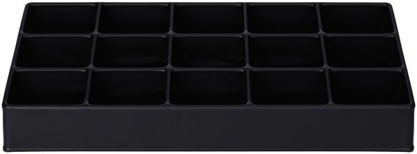 Das Bild zeigt eine schwarze Ablage mit 15 gleich großen Fächern. Sie ist rechteckig und flach, ideal zur Aufbewahrung von kleinen Gegenständen.