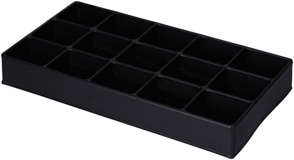 Das Bild zeigt eine schwarze, rechteckige Schreibunterlage mit 16 kleineren Fächern. Sie ist flach und dient zur organisation von Stiften oder ähnlichem.