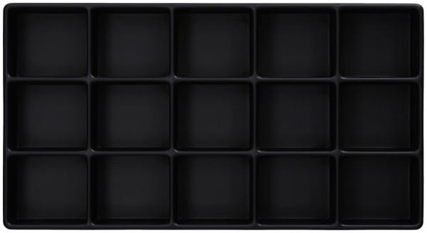 Das Bild zeigt ein schwarzes Tablett mit 16 gleich großen quadratischen Fächern, angeordnet in vier Reihen und vier Spalten. Es hat eine glatte Oberfläche und gerade Kanten.