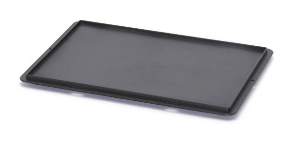 The image displays a rectangular, flat tray in matte black. It features a slightly recessed center and raised edges to prevent items from slipping off.