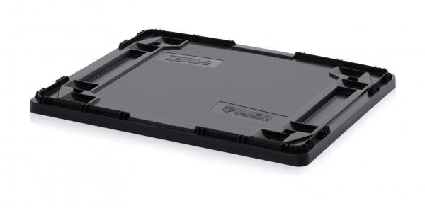 The image shows a black, rectangular tray with raised edges and corners. The surface is smooth, and there are small indentations on the sides for stability.
