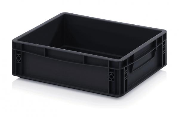 The image shows a rectangular, black plastic box without a lid. It has two side handles and appears sturdy. The walls are smooth and the corners are slightly rounded.