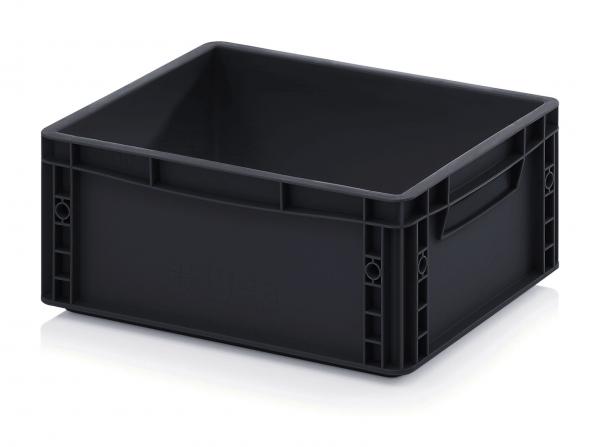 Es handelt sich um eine quadratische, schwarze Kunststoffbox ohne Deckel. Sie hat runde Ecken, Griffe an den Seiten und eine glatte Innenseite, die für Aufbewahrung genutzt werden kann.