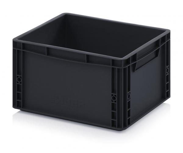 The image displays a square, black plastic box without a lid. It features handles on the shorter sides and is sturdy, with a smooth surface and rectangular shape.