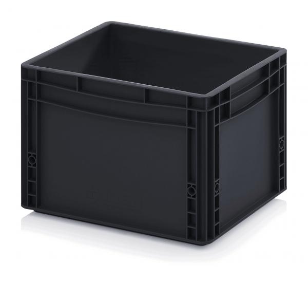 Das Bild zeigt eine quadratische, schwarze Kunststoffbox. Sie hat hohe Wände, ist stabil und hat an den Seiten praktische Griffe. Die Oberfläche ist glatt und hat sichtbare Ecken.