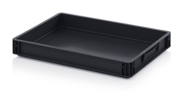 The image shows a black, rectangular tray without a lid. It has raised edges and two side handles for easy handling. The surface is smooth and even.