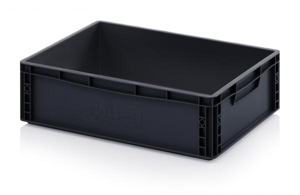 Es handelt sich um eine rechteckige, schwarze Kunststoffbox mit offenen Griffen an den Seiten. Die Wände sind stabil und die Box hat keine Deckel. Sie wirkt robust und praktisch.