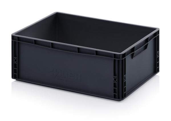 Das Bild zeigt eine rechteckige, schwarze Plastikbox. Sie hat eine offene Oberseite und an den langen Seiten zwei integrierte Griffe. Die Wände sind glatt und stabil.