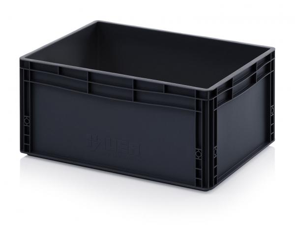 Das Bild zeigt eine rechteckige, schwarze Kunststoffbox. Sie hat eine glatte Oberfläche, keine Deckel und Grifföffnungen an den kurzen Seiten für das Tragen. Ideal zum Verstauen von Gegenständen.