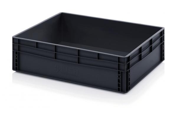 Das Bild zeigt eine rechteckige, flache Kunststoffbox in Schwarz. Sie hat hohe Wände und ist stapelbar. Die Oberfläche ist glatt, und die Ecken sind abgerundet.