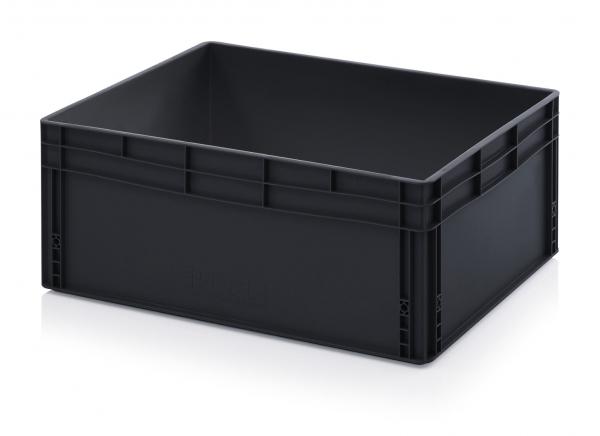 The image shows a black, rectangular plastic crate with high sides. It has a sturdy, smooth surface and is likely stackable. The crate is empty.