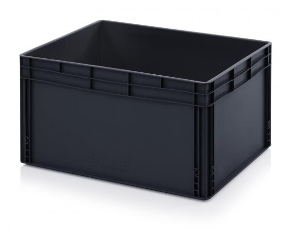 Das Bild zeigt eine schwarze, rechteckige Kunststoffbox. Sie hat hohe Wände und eine kastenförmige Struktur, ohne Deckel. Die Ecken sind leicht abgerundet und die Oberfläche ist glatt.
