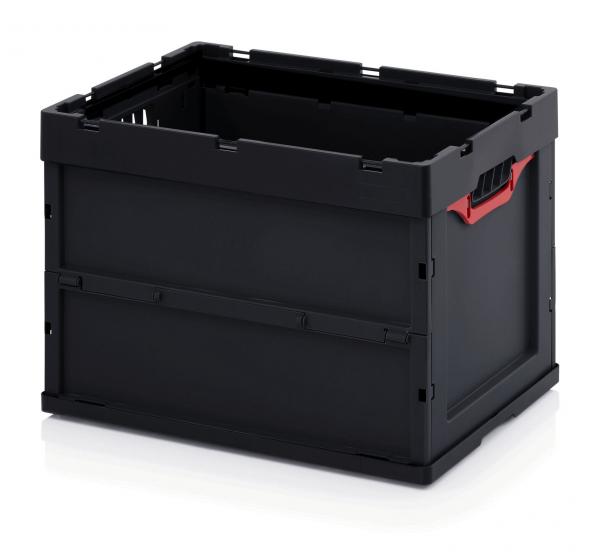 Die Abbildung zeigt eine rechteckige, schwarze Kunststoffbox ohne Deckel. An den kurzen Seiten sind rote Griffe angebracht. Die Wände sind stabil und leicht strukturiert.