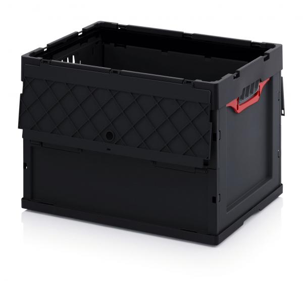 Eine schwarze Kunststoffbox mit einem rautenförmigen Muster an einer Seite. Sie hat einen offenen oberen Teil und eine rote Handgriffe an den Seiten. Die Box ist stabil und quadratisch.