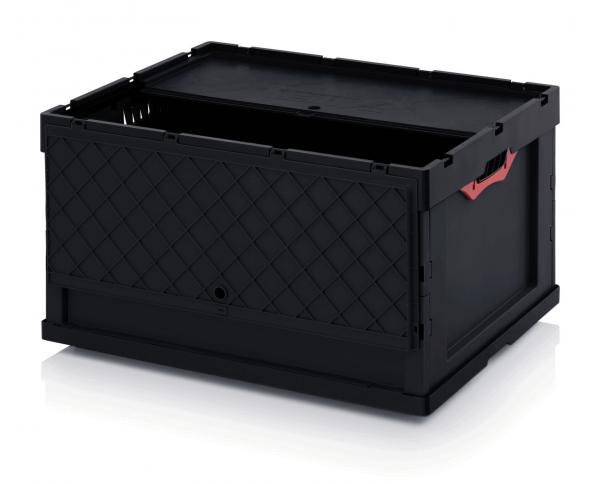 The picture shows a black plastic box with an open lid. The sides have a diamond-shaped pattern, and one side has a red handle. It is sturdy and easily stackable.