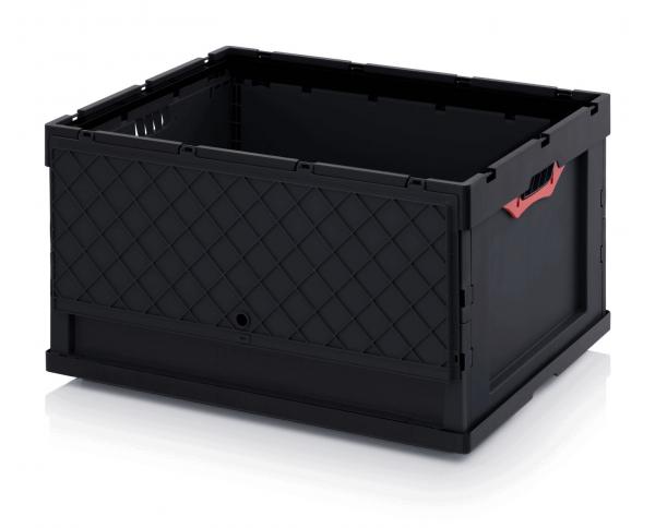It is a black plastic box with an open, rectangular design. The sides are adorned with a diamond-shaped pattern, one side features red handles. There are ventilated openings on both sides.
