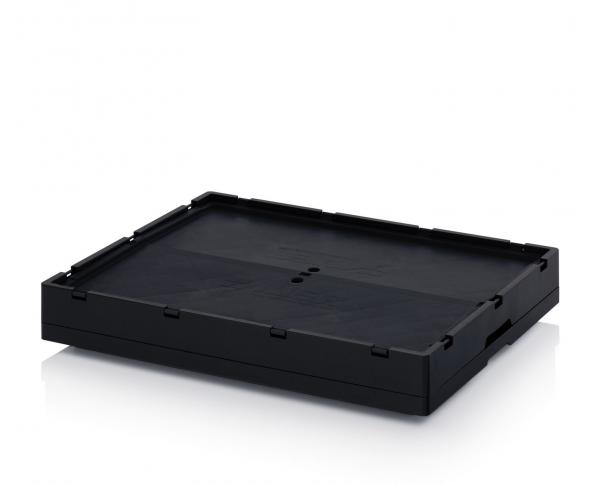 The image shows a black, rectangular plastic box with slightly raised edges. The surface is smooth and the corners are slightly rounded. It appears sturdy and versatile.