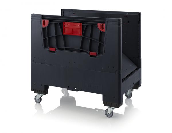 Das Bild zeigt einen stabilen, schwarzen Rollcontainer mit roten Elementen. Er hat eine offene Vorderseite und ist auf Rollen montiert, was das Bewegen erleichtert.