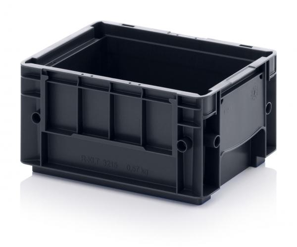 It is a black plastic box without a lid. It has a rectangular shape, is sturdy, and has side handles as well as several vertical grooves on the walls.