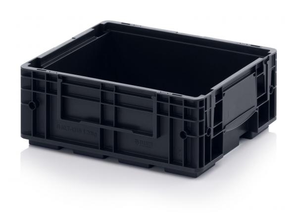 The image shows a black, rectangular plastic box without a lid. It has a textured surface with side handles and is sturdy, ideal for stacking or transporting items.
