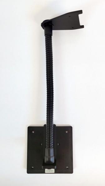 The image shows a flexible holder with a sturdy base mounted on a surface. The holder has a long, bendable arm and an upper, open bracket.