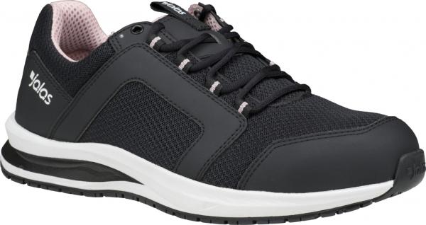 The shoe is a modern, sporty sneaker in black with breathable upper material. It has a white sole and a padded insole for added comfort.
