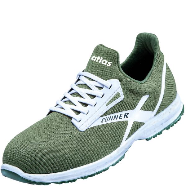 The shoe is a lightweight, sporty sneaker in olive green. It has white laces and the logos "atlas" and "RUNNER" are visible. The sole is sturdy and features green elements.