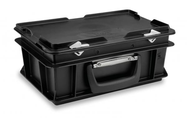 The image shows a black plastic box with a flat lid. It has two snap locks on the side and a sturdy, integrated handle.
