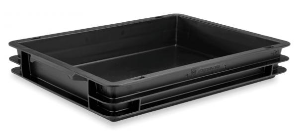 The image shows a black, flat plastic box with an open top. It has straight edges and is stackable, ideal for storage or transporting items.