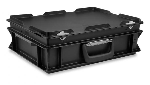 The image shows a square, black suitcase with a flat lid. It has a handle on the front and foldable corners. The surface is smooth and sturdy, ideal for transport.